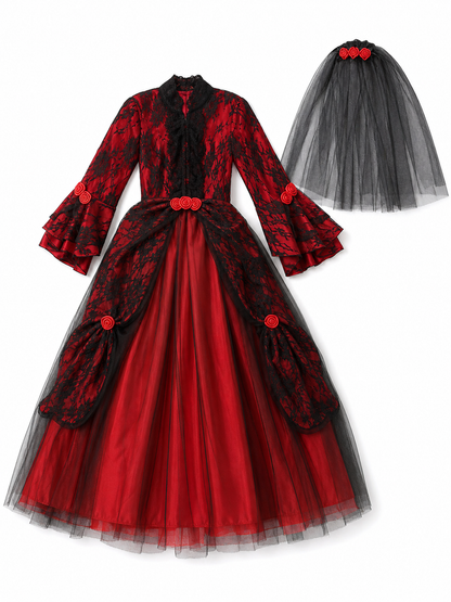 Gothic dress with roses and lace, red and black