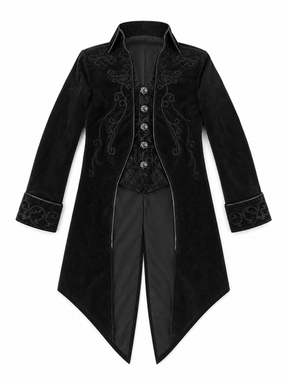 Black embroidered coat with a stand-up collar and pointed tails