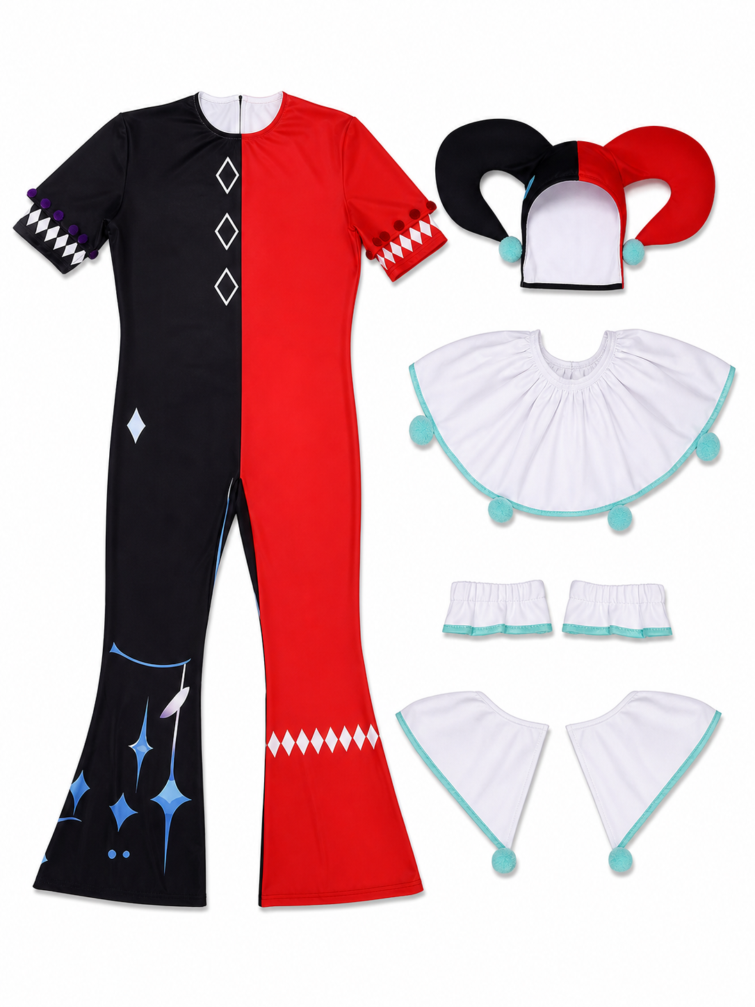 The one-piece ghost clown costume is designed in a theatrical circus style. The set includes a jumpsuit, a two-tone clown hat, a white ruffled collar, a shoulder piece, and cuff details. The look is based on a contrasting combination of bla