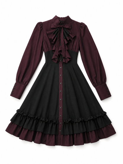 Women’s Gothic Renaissance Dress, Medieval Steampunk Style, Black And Burgundy Long Sleeve High Neck Ruffle A-Line Costume Outfit