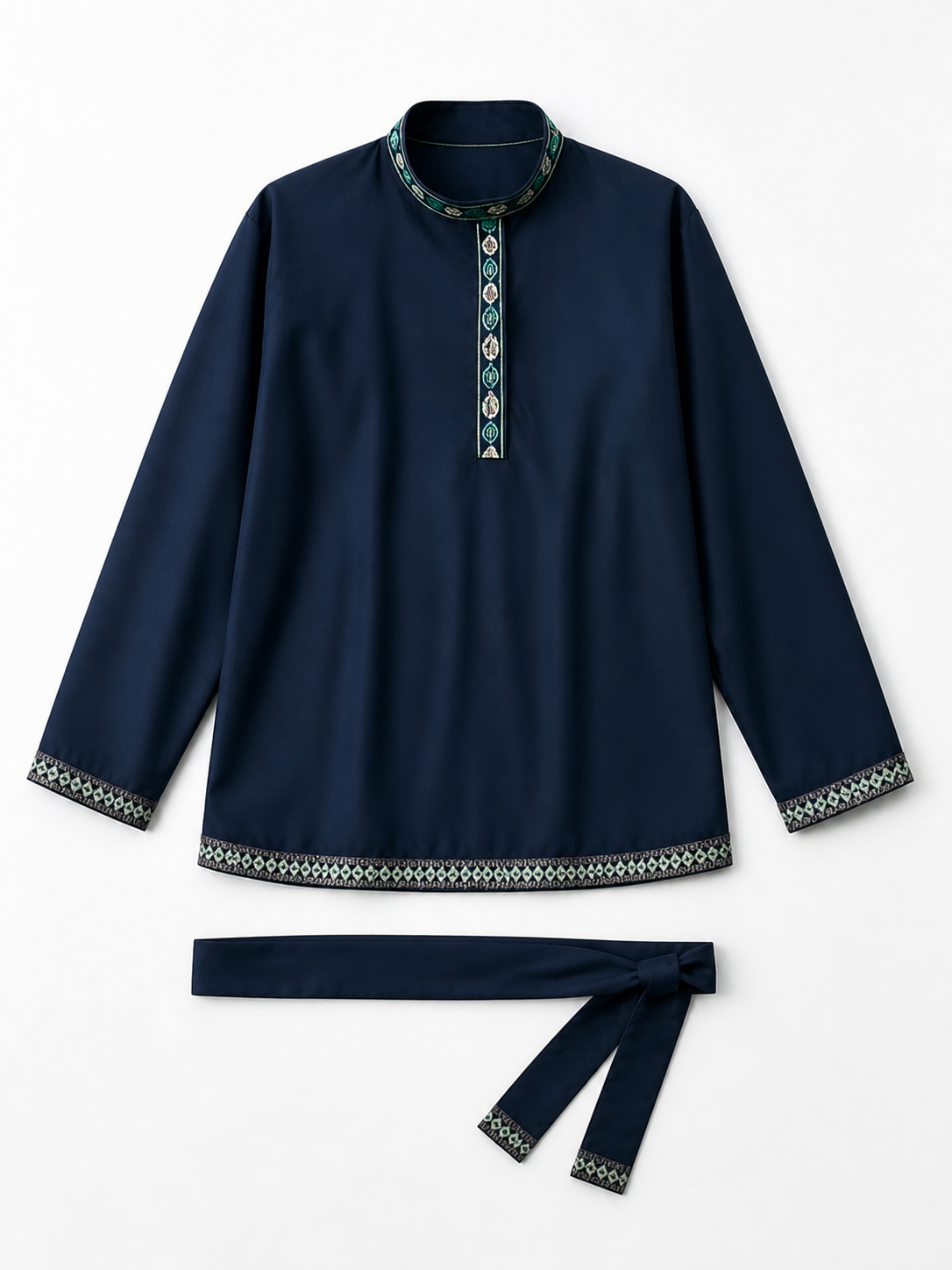 Tunic with a stand-up collar and belt, dark navy