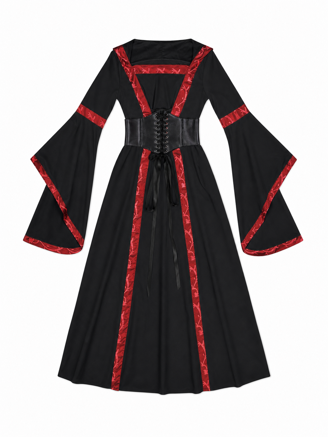 Black Gothic Hooded Dress with Lace-Up Detail