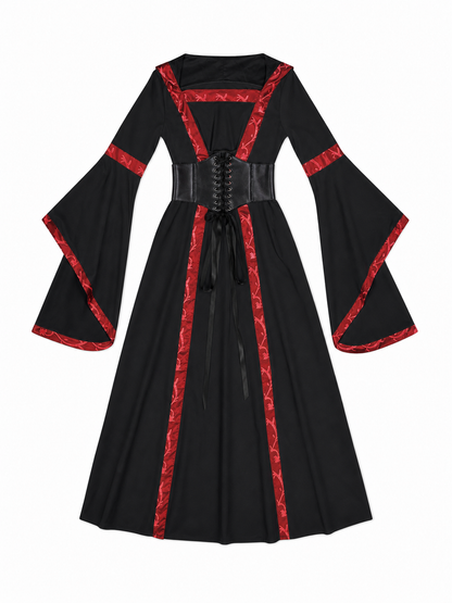 Black Gothic Hooded Dress with Lace-Up Detail