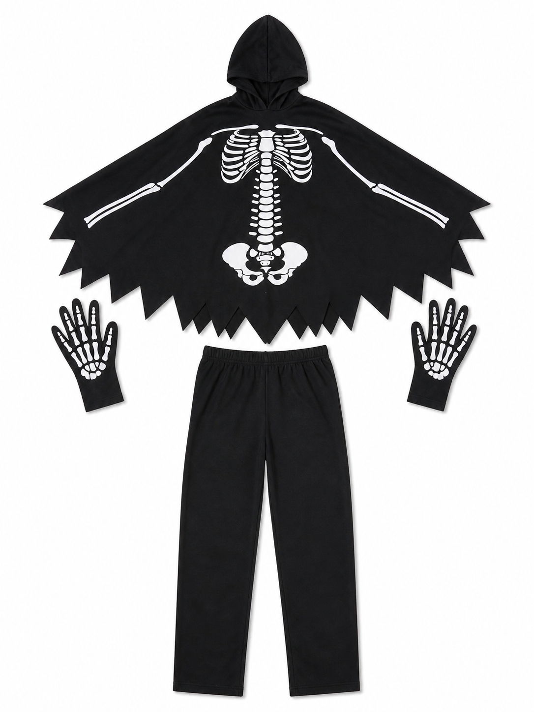 Black Hooded Cape with Skeleton Print included items