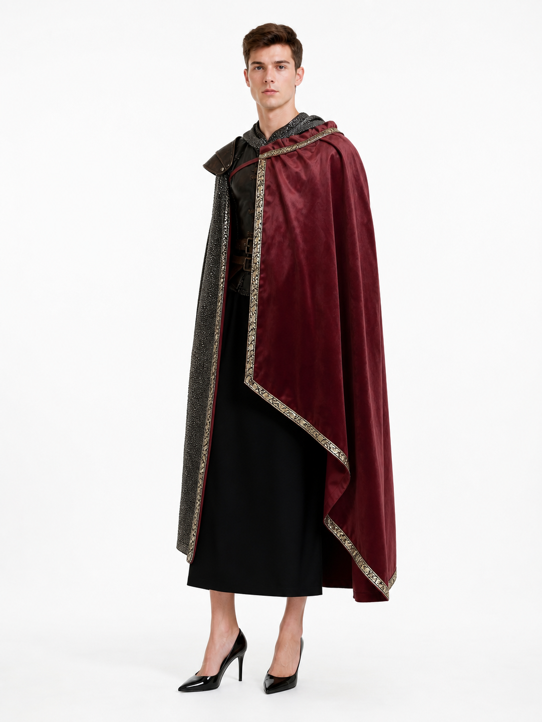 Burgundy velvet-look hooded costume cape product view 65