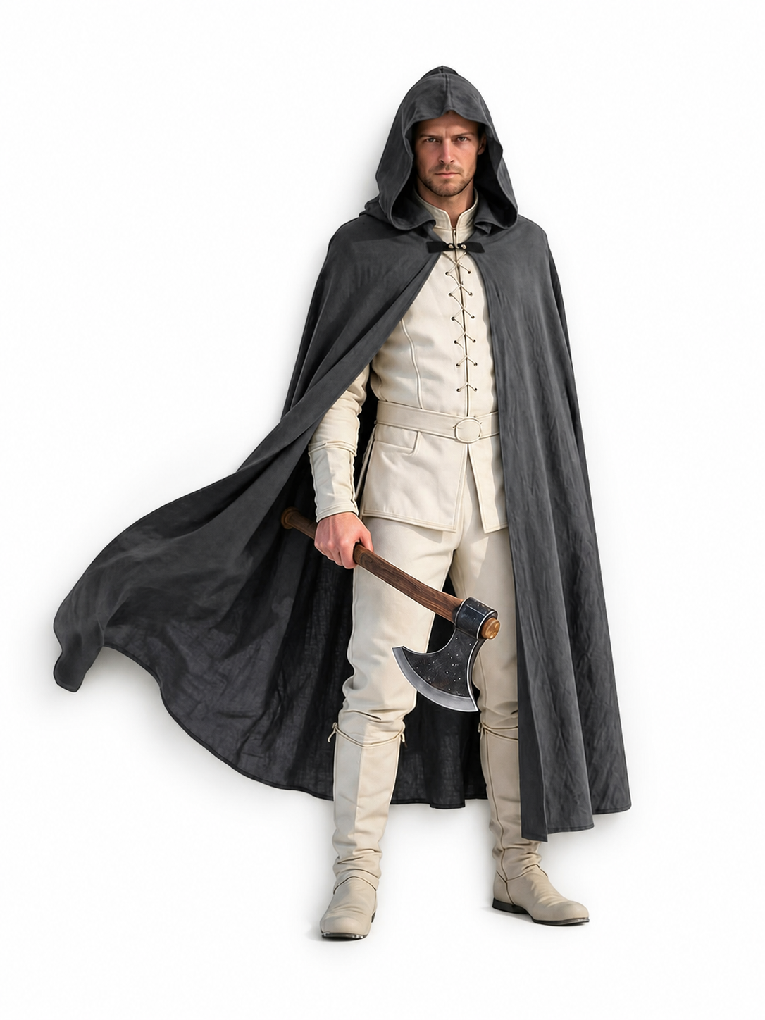 Adult Fantasy Hooded Cape, Long Dark Gray Cloak With Front Tie Closure, Wide included items 3