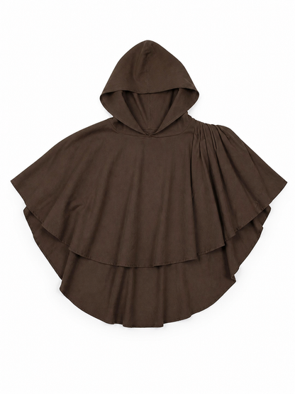 Women's Hooded Wanderer Cloak Costume with Layered Hem, Shoulder Draped Pleats