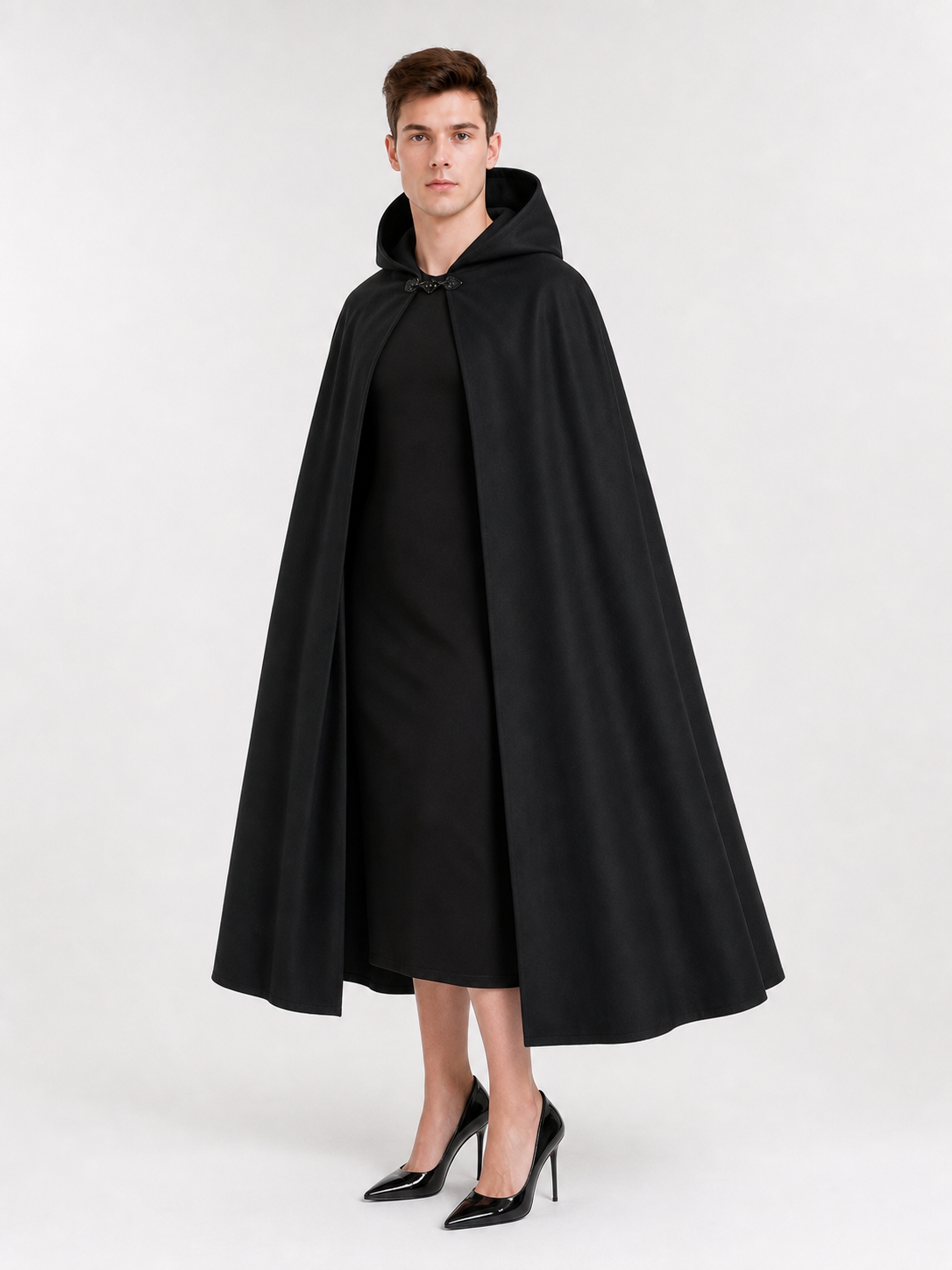 Long black hooded carnival cloak