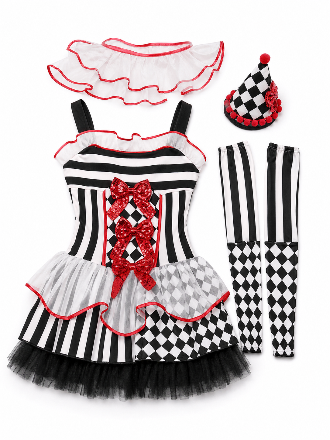 Clown Carnival Costume: Dress, Gloves, and Cap