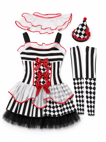Clown Carnival Costume: Dress, Gloves, and Cap