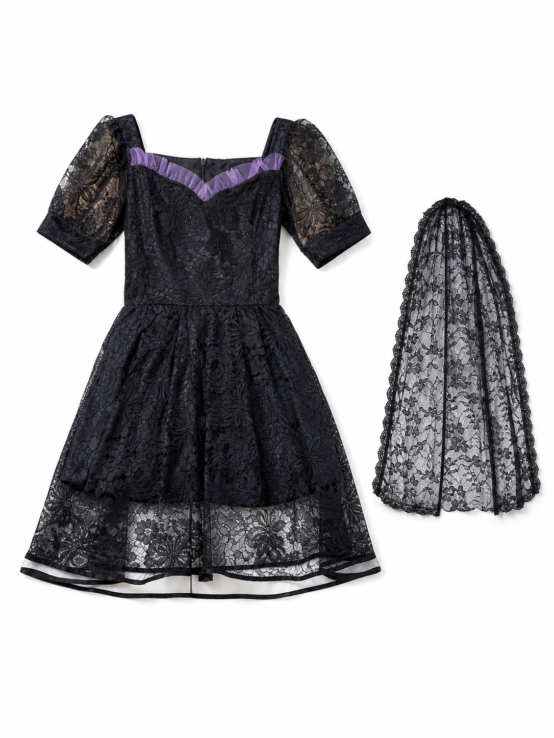 Gothic Lace Dress with Purple Trim included items