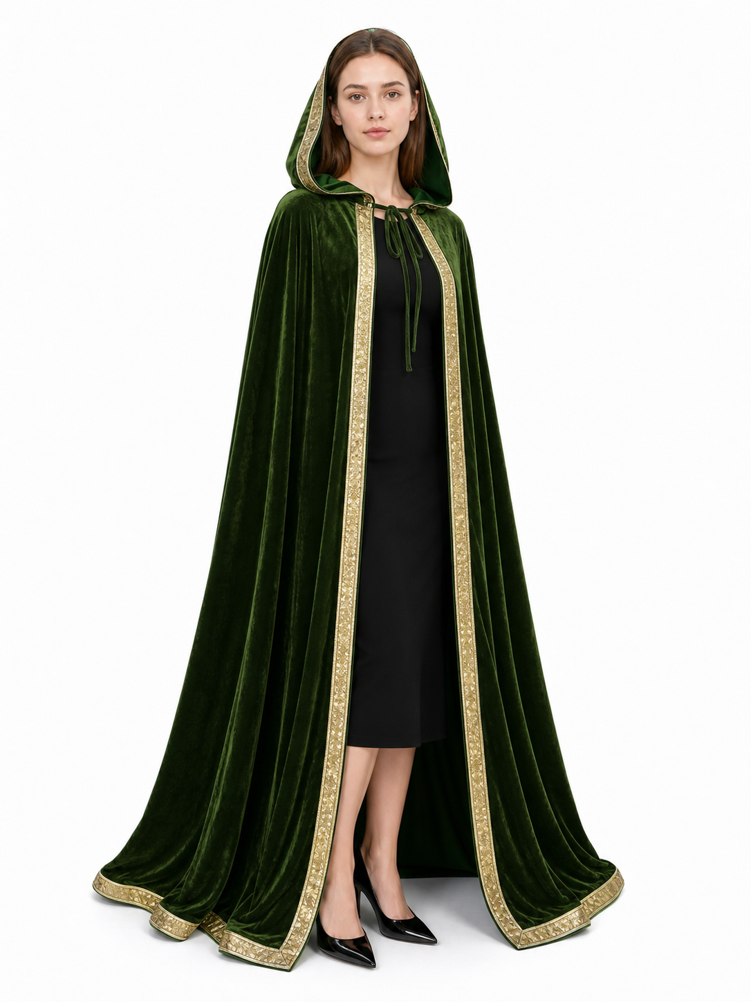 Green hooded carnival cloak, trim