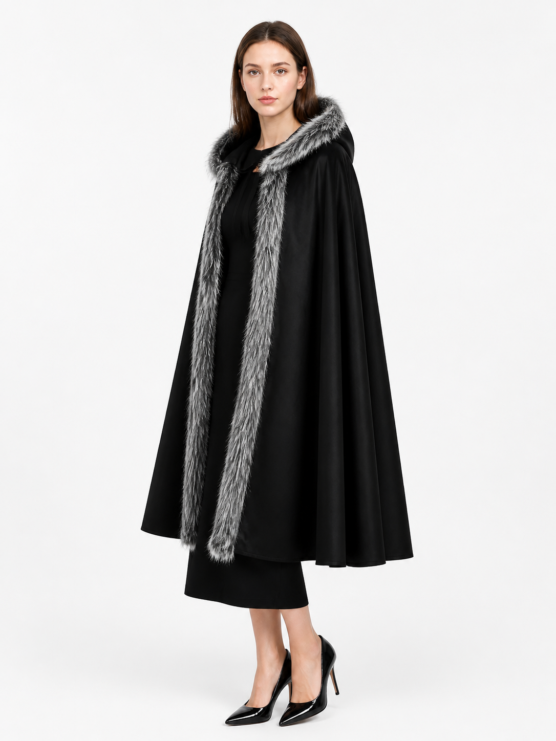 Black hooded costume cloak with fur trim