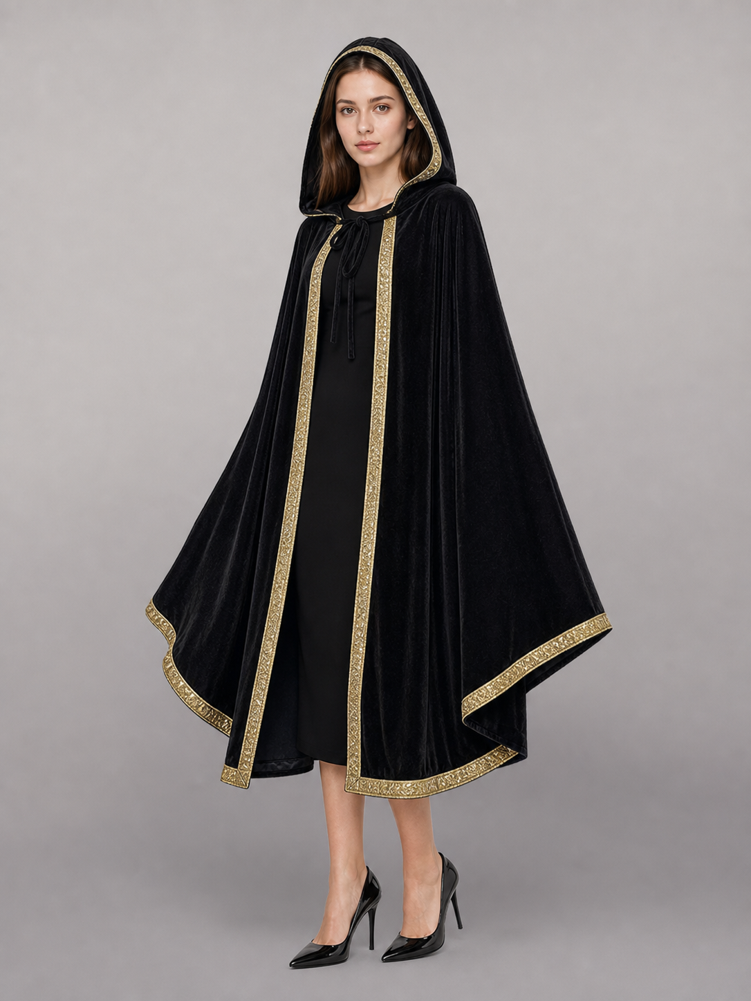 Black Carnival Cloak with Hood and Gold Trim