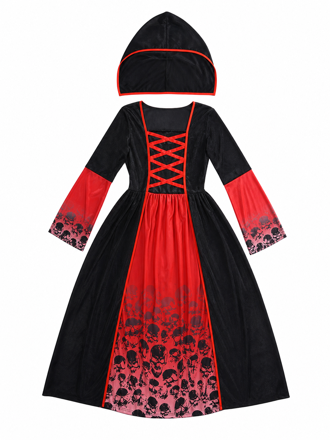 Gothic Hooded Dress, Black and Red Print