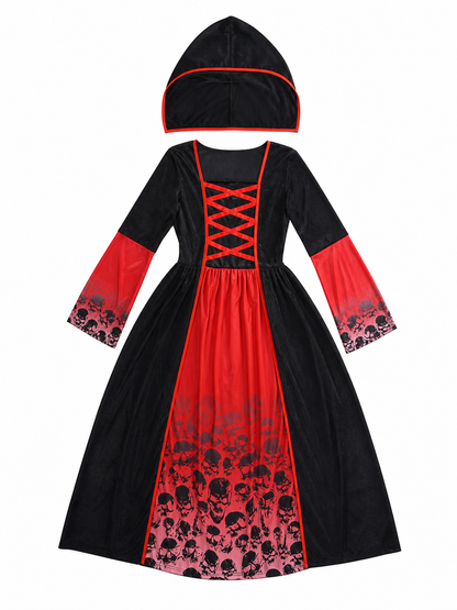 Gothic Hooded Dress, Black and Red Print