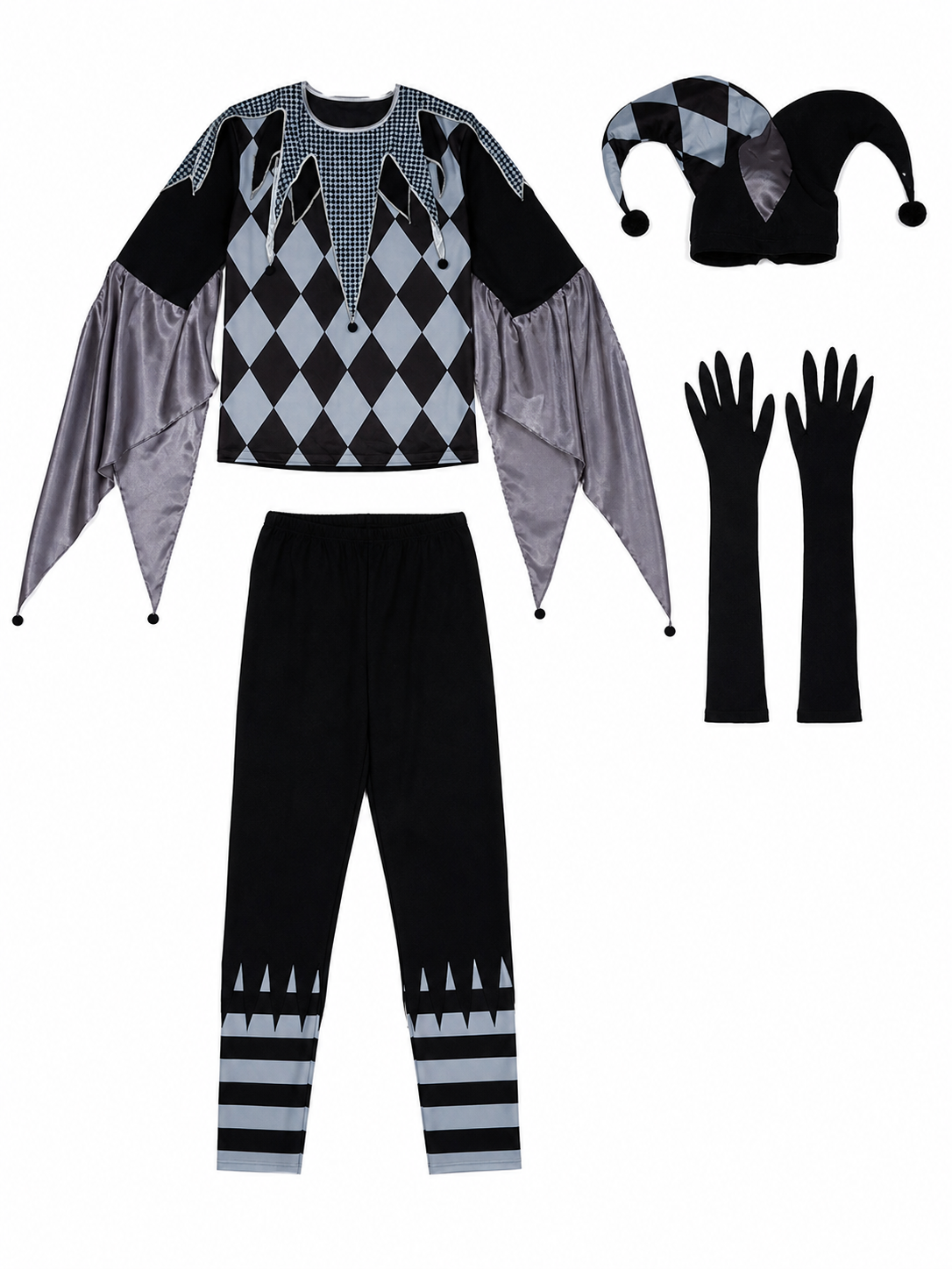 Clown costume designed in a striking circus style with elements of an evil clown included items