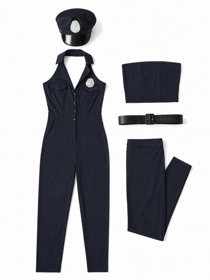 Black police uniform-style jumpsuit costume with cap