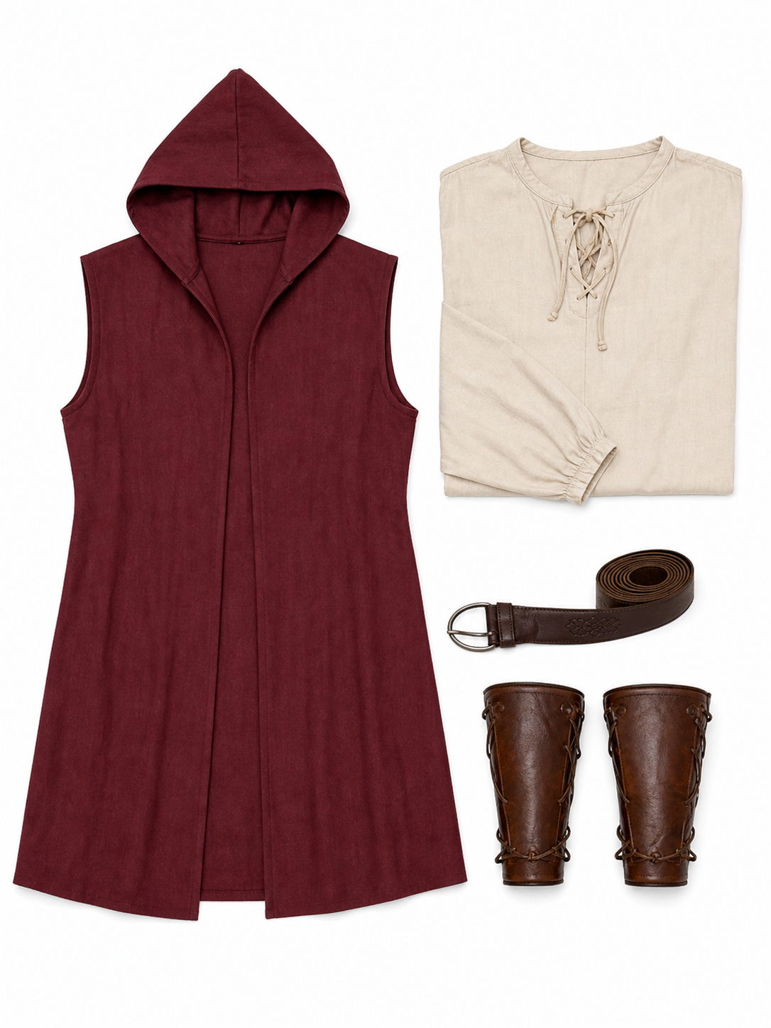 Adult Medieval Fantasy Hooded Cape, Wine Red Sleeveless Long Split-Hem Cloak