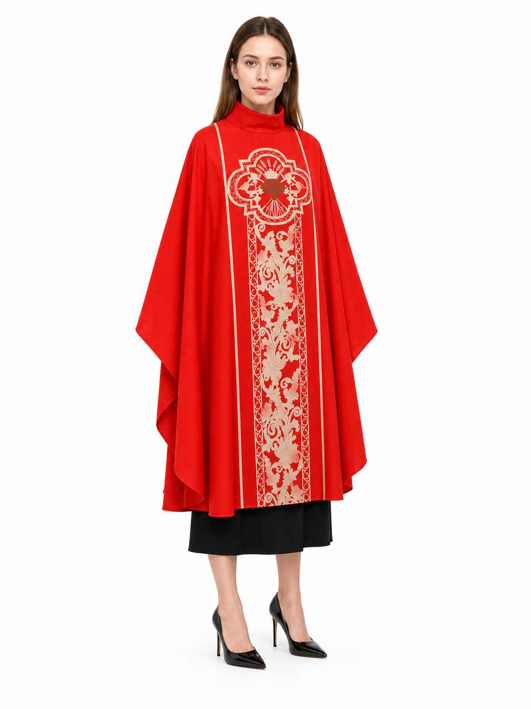 Red costume cloak with ornament and sleeves