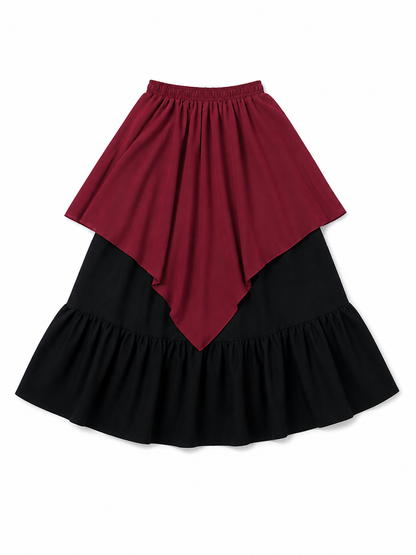 Multi-Tiered Burgundy-Black Skirt with an Asymmetrical Hem
