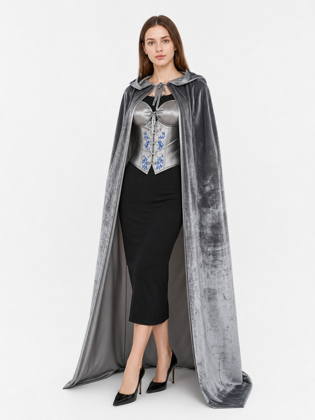 Gray Hooded Long Costume Cape