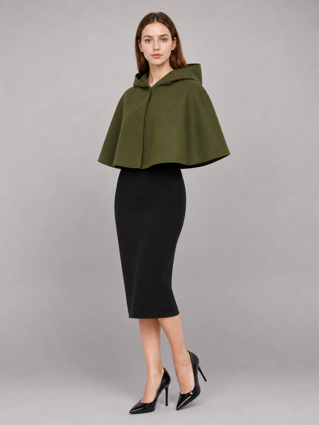 Triangular Hooded Cape, Olive Green