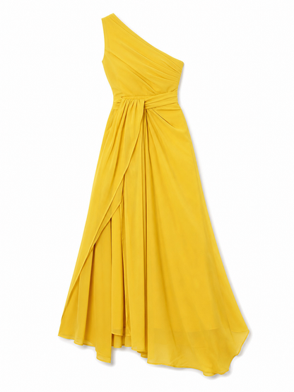 Yellow Chiffon One-Shoulder Evening Dress