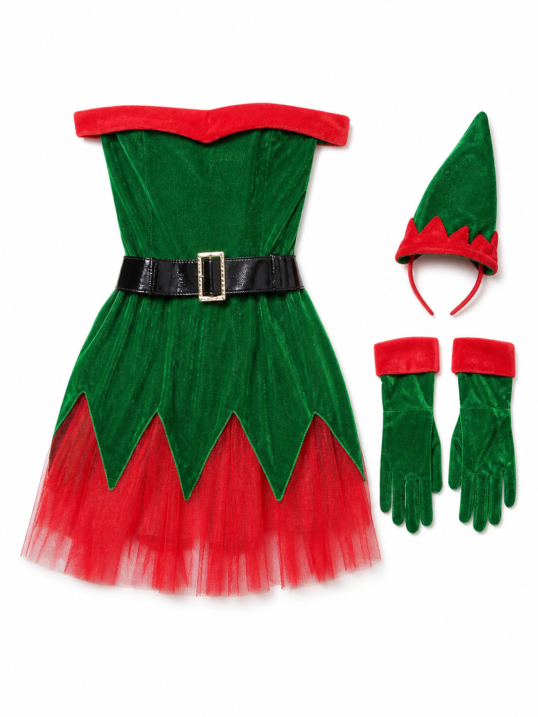 Christmas Elf Costume with Green Skirt and Red Trim