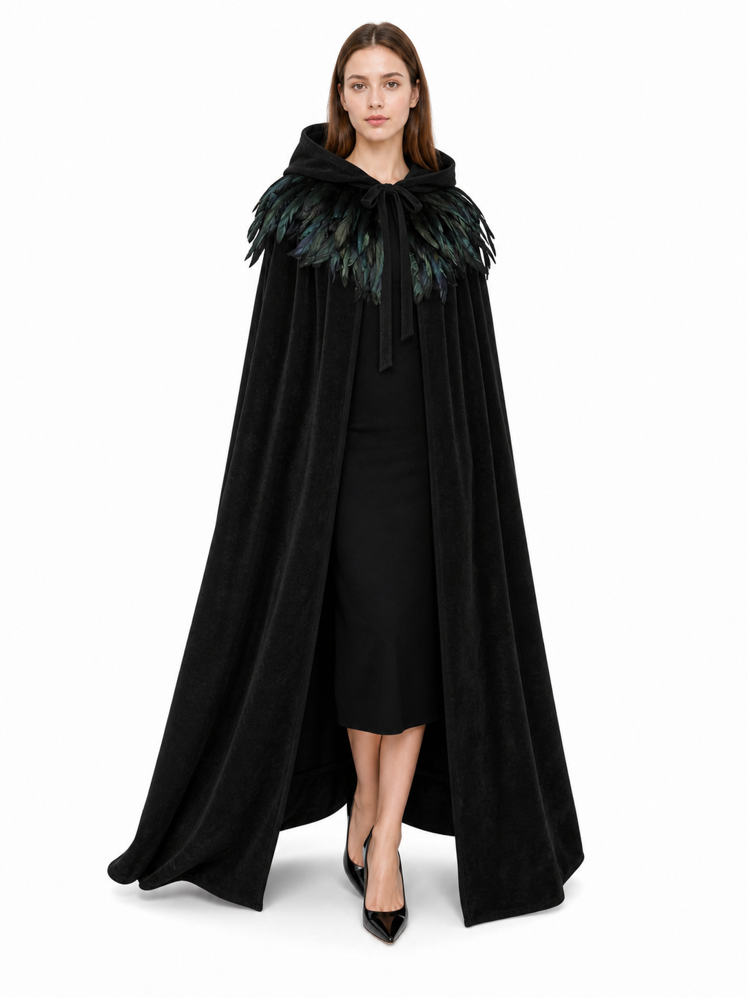 Black Velvet Hooded Cape with Feathers