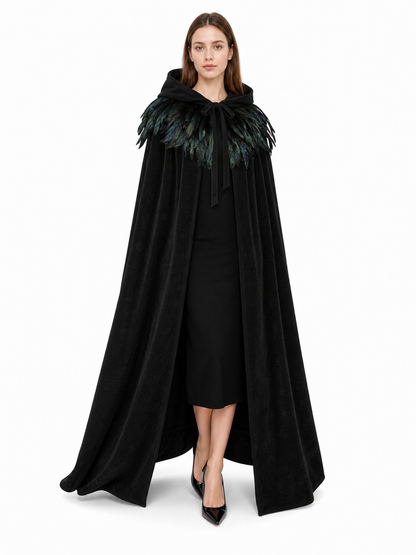 Black Velvet Hooded Cape with Feathers
