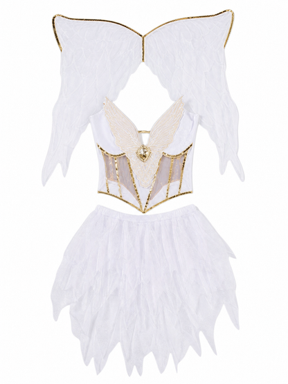 White-and-Gold Angel Costume with Wings and Halo