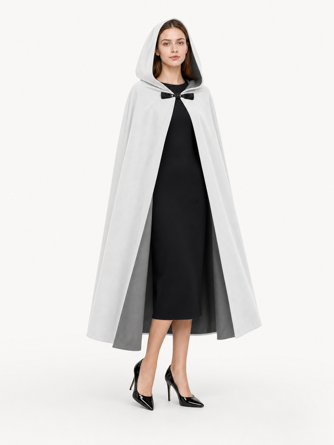 Medieval White Velvet Hooded Long Cloak Cape with Black Bow Tie Front Flared Hem included items 2