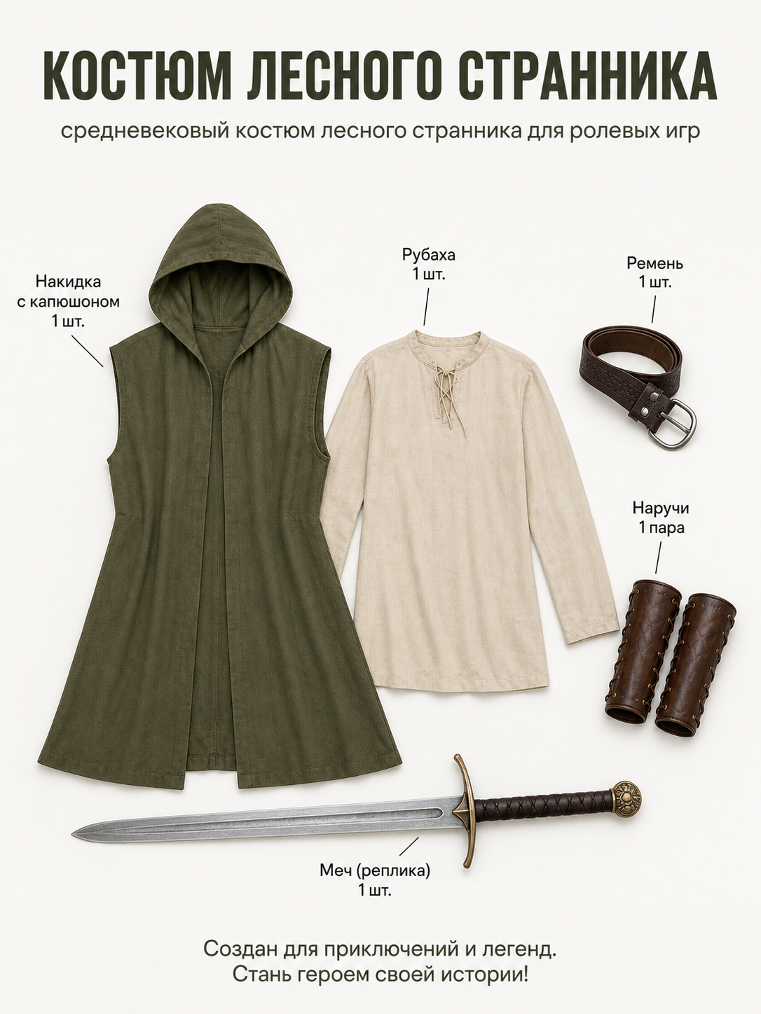 Medieval Fantasy Role Play Costume Set, 2-Piece Olive Green Hooded Sleeveless included items 2