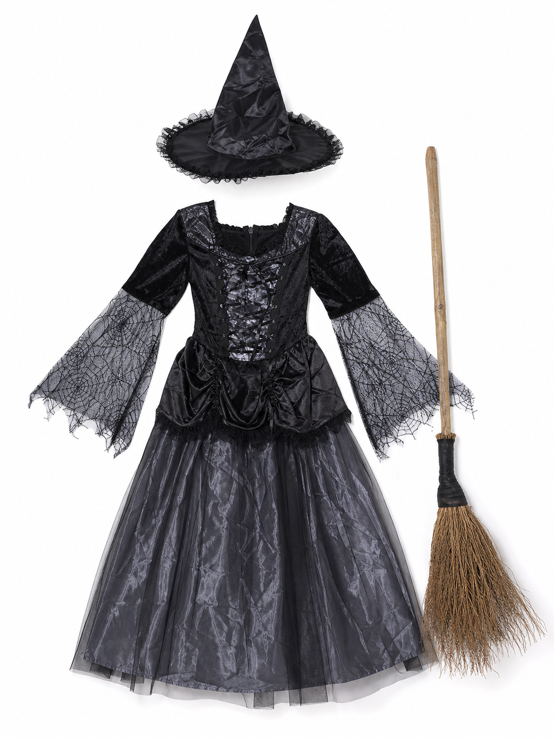 The gray-and-black witch costume is designed in a retro style and includes a included items