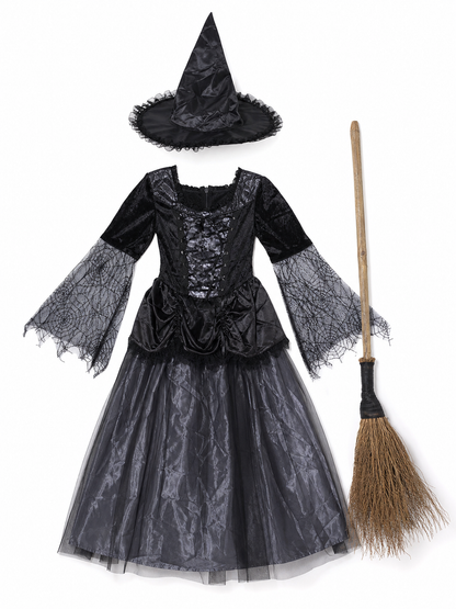 The gray-and-black witch costume is designed in a retro style and includes a included items
