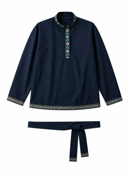 Tunic with a stand-up collar and belt, dark navy