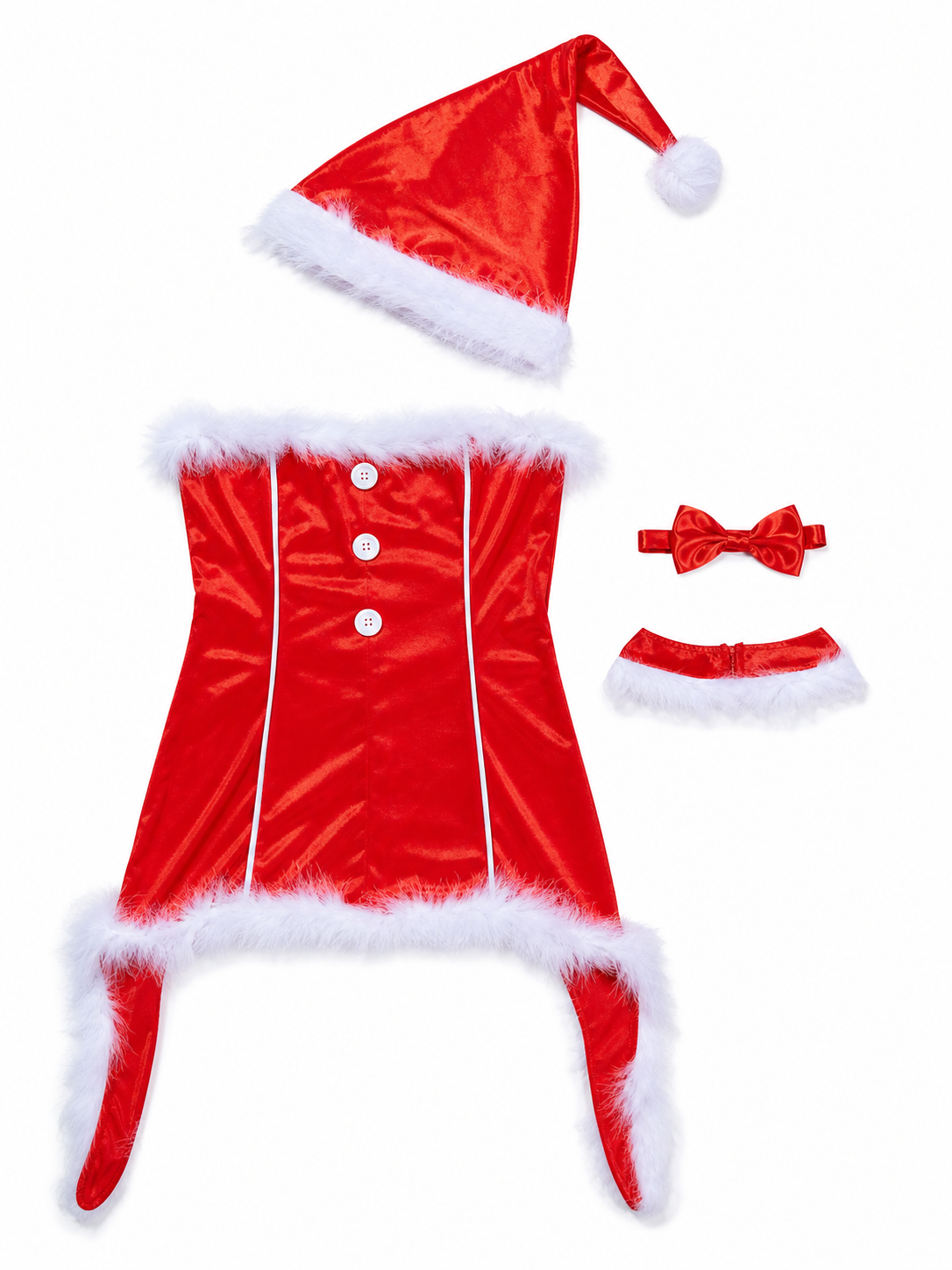 Red Christmas cosplay costume designed as a Santa Claus look. The set includes a festive costume in a red color theme with white decorative elements. The design features a sleeveless bustier silhouette, a red dress with a fitted contour, an