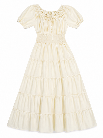 Tiered Dress with Puff Sleeves and Gathered Details