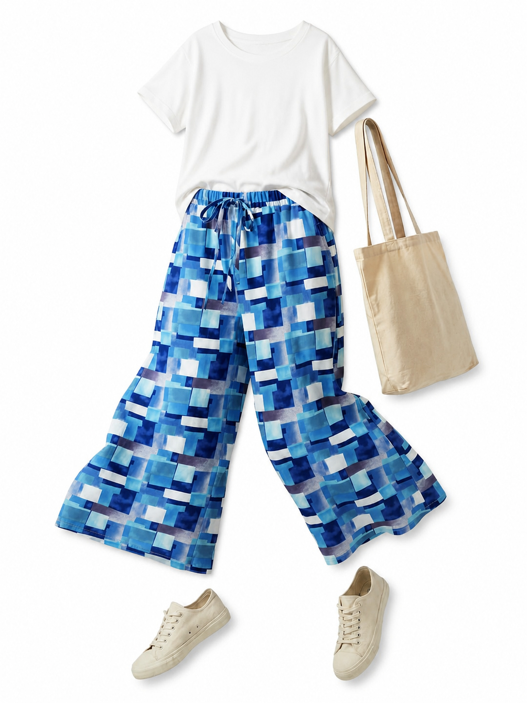Blue and White Palazzo Pants with Geometric Print included items