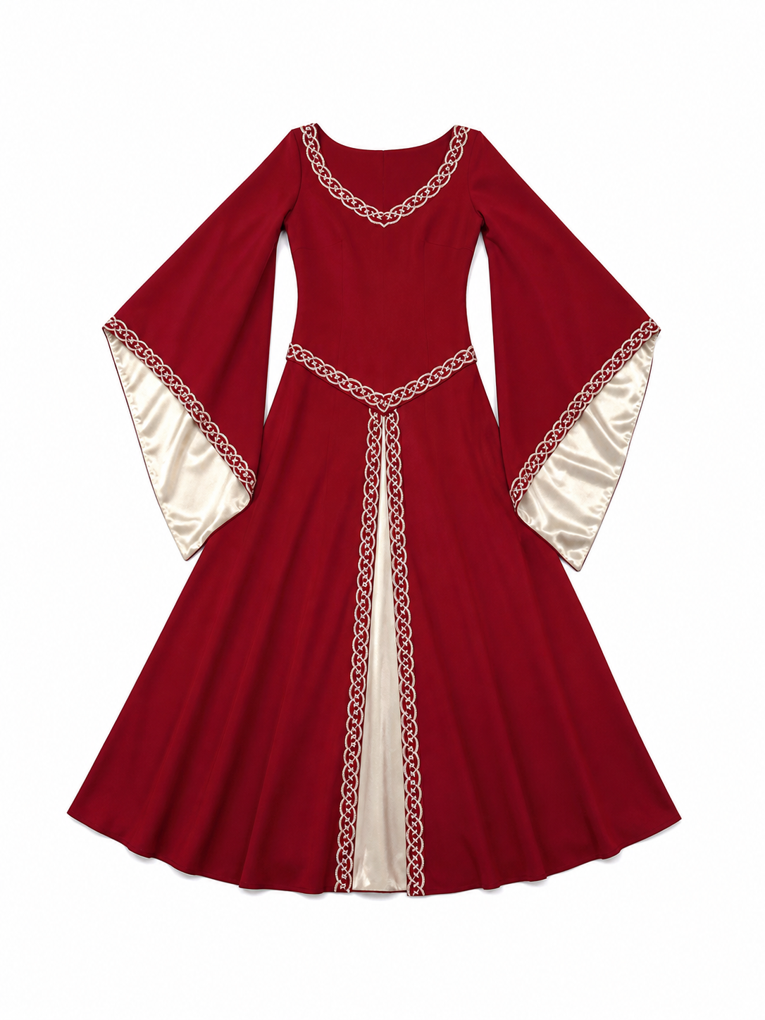 Floor-Length Dress with Long Sleeves and Decorative Trim