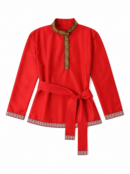 Red Tunic with Ornament, Stand-Up Collar, and Belt