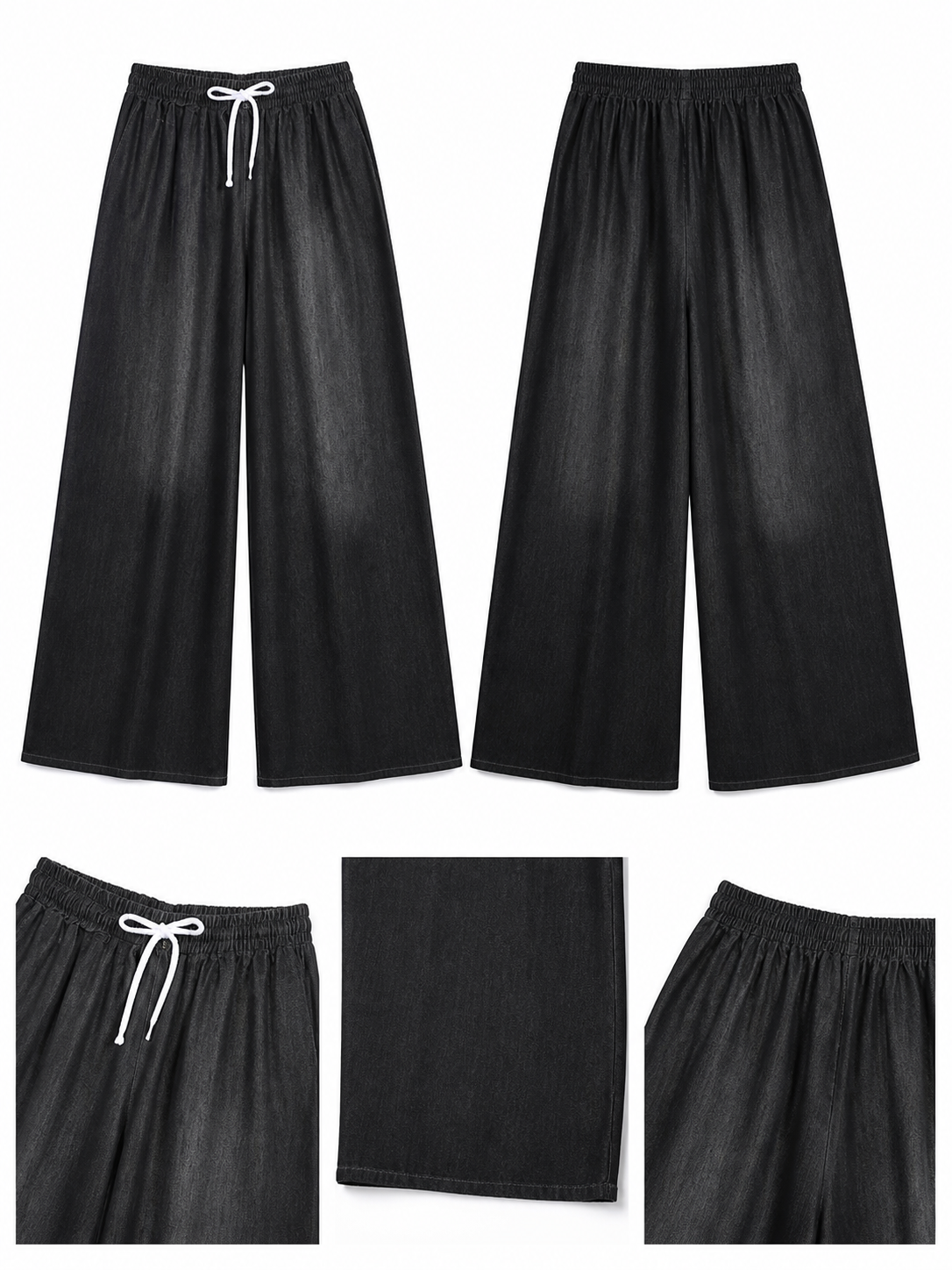 Solid Black Wide-Leg Pants with Elastic Waist and Contrast White Drawstrings included items 5