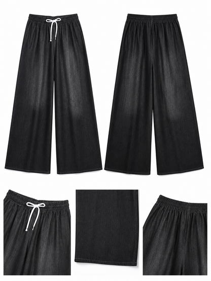 Solid Black Wide-Leg Pants with Elastic Waist and Contrast White Drawstrings included items 5