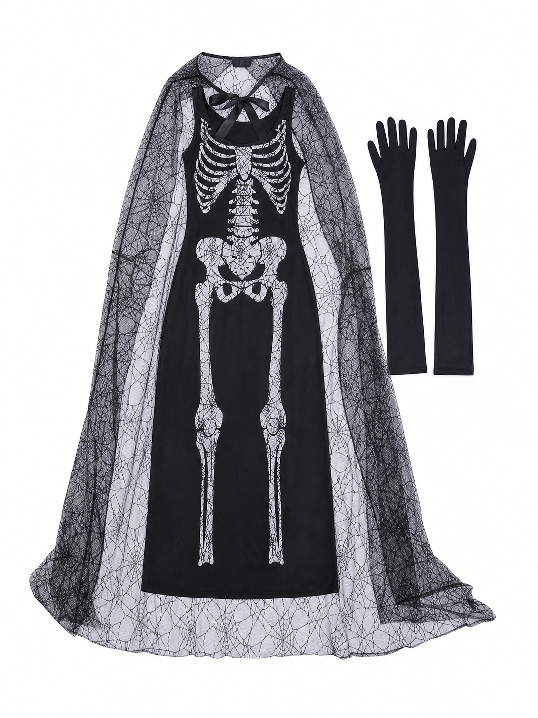 Gothic-style Halloween costume with dress and accessories: a black sleeveless