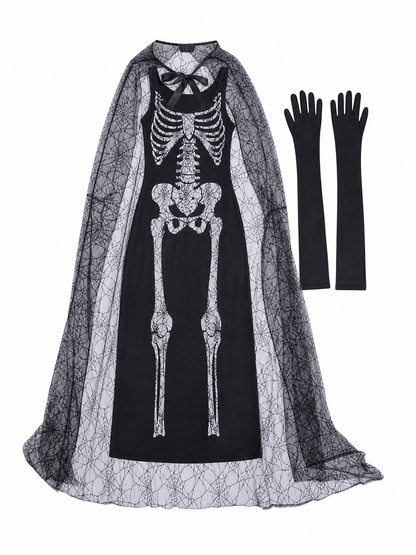 Gothic-style Halloween costume with dress and accessories: a black sleeveless