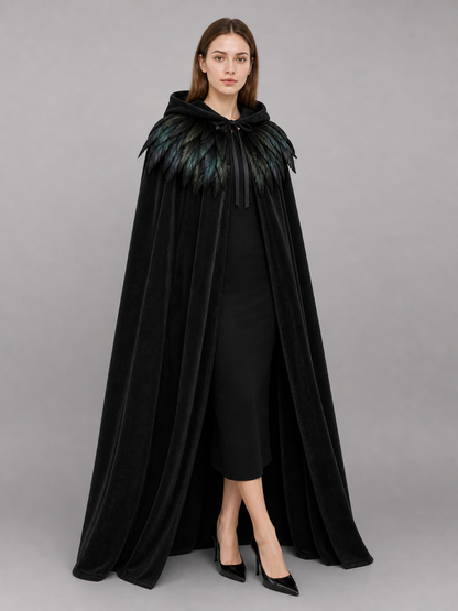 Black Velvet Hooded Cape with Feathers