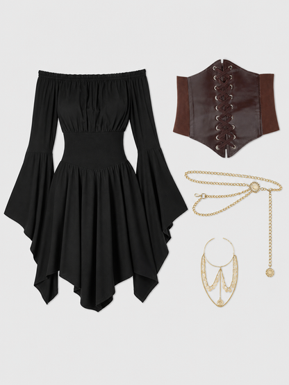 Dress with Belt, Flared Sleeves, and Asymmetrical Hem