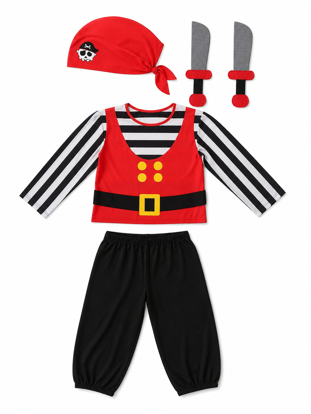 Boy wearing a red pirate costume with striped sleeves, black pants, skull-print bandana and brown shoes in a full-body studio view