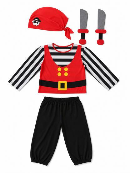 Boy wearing a red pirate costume with striped sleeves, black pants, skull-print bandana and brown shoes in a full-body studio view